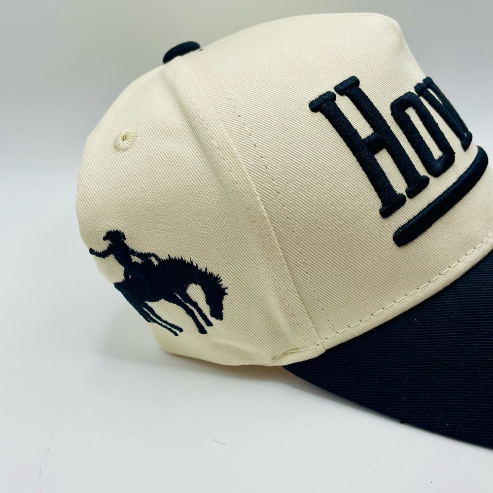 Howdy Embroidered 2 Tone Trucker Hat - Cream & Black. Cowboy Image on Side - Picture 3 of 7